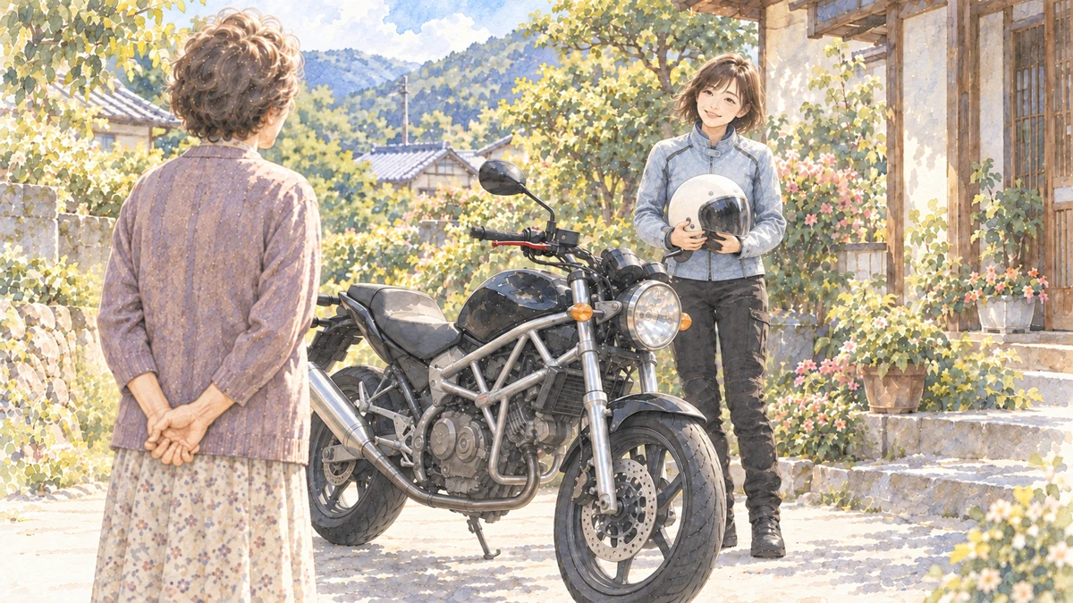 実家に着いて、母がバイクを間近で見ている