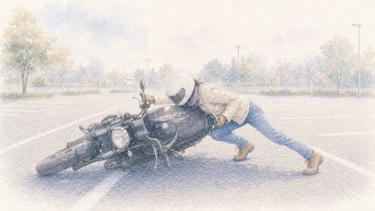 倒れたバイクを起こそうとするが、びくともしない