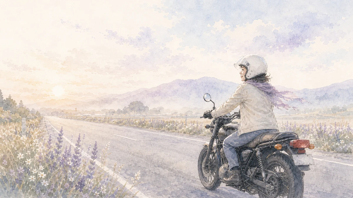朝日の中、誰もいない道を走る