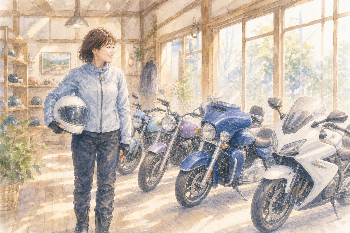 店内にずらりと並んだバイクを見て少し目を輝かせる