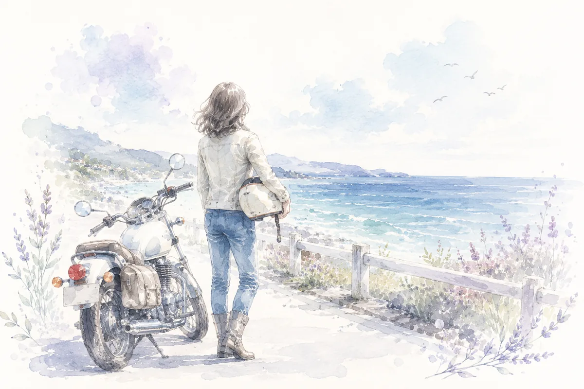 海辺でバイクとともに